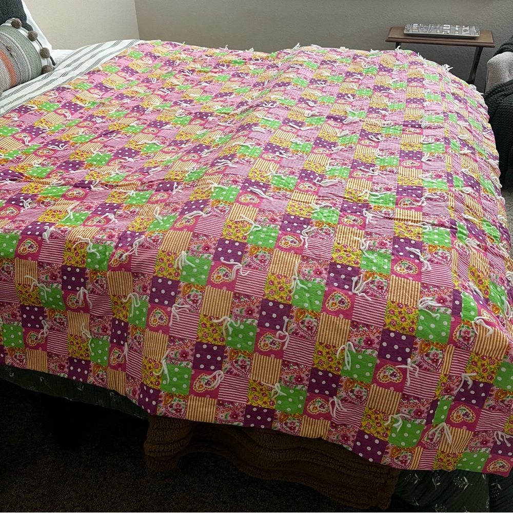 Vintage Patchwork Comforter Quilt Handmade Pink Purple Green 58" x 83" Cottage